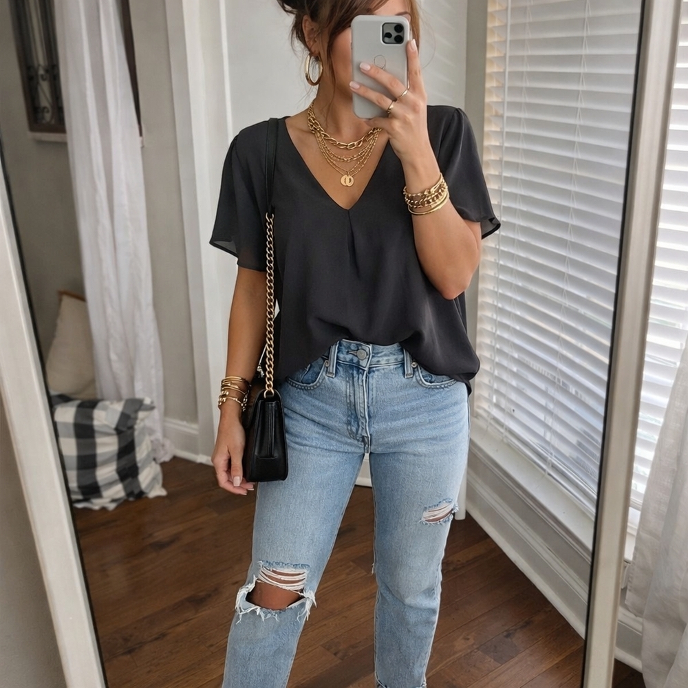 A NEW DAY Double Lined Black Blouse Size Large